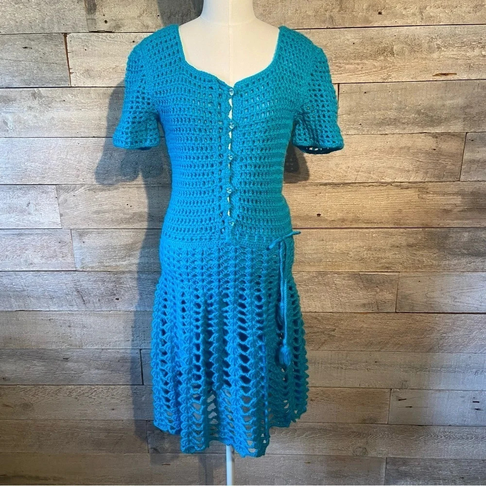 EUC Vintage Handcrafted Crocheted Lined Fit & Flare Blue Dress Size Small